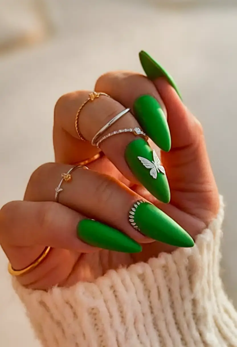 Summer 2025 Nail Designs to Try Green Goddess with Butterfly Charm