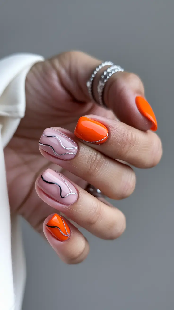 Summer 2025 Nail Designs to Try Modern Orange with Artistic Lines