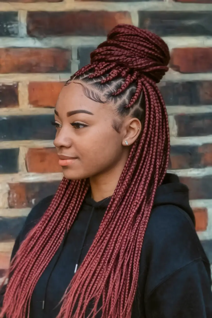 summer braids for black women 2025 Cherry Box Braids in a High Top Knot