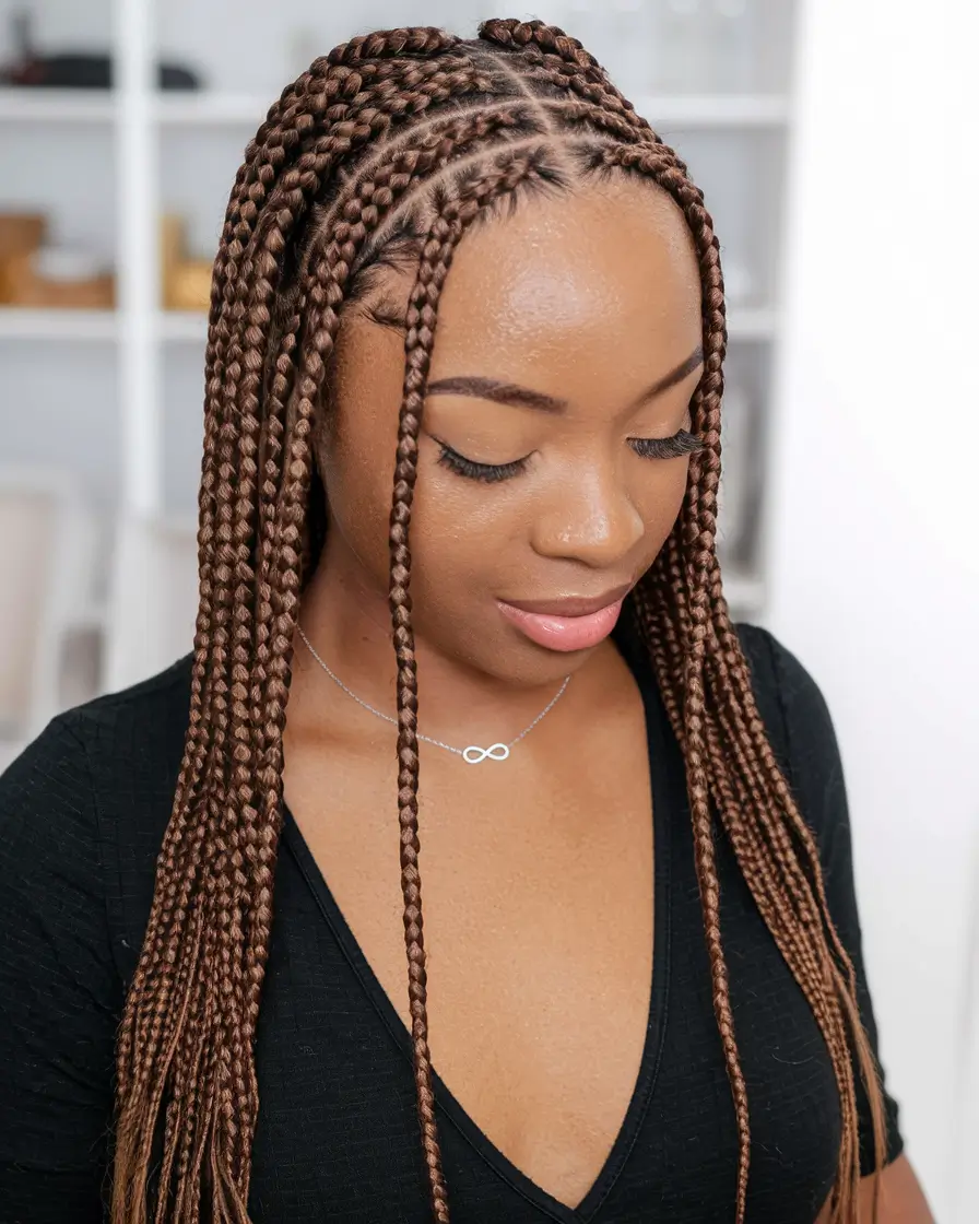 summer braids for black women 2025 Soft Chestnut Braids with Defined Middle Part