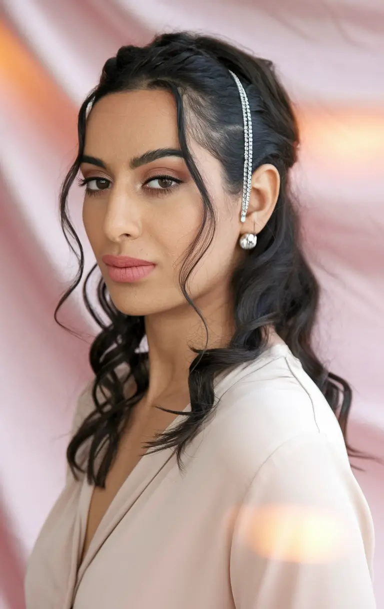 summer easy hairstyle for work 2025 Curled Half-Up with Sparkling Headband