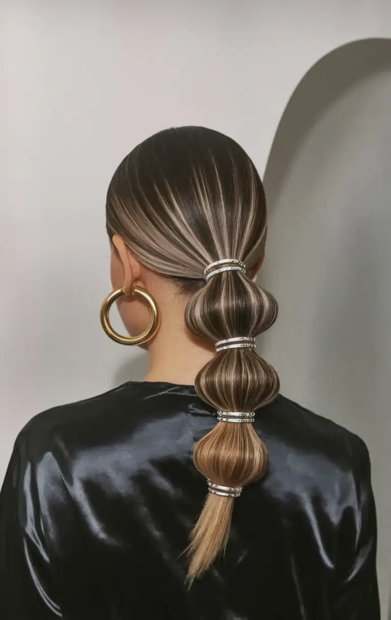 summer easy hairstyle for work 2025 Bubble Ponytail with Metallic Bands
