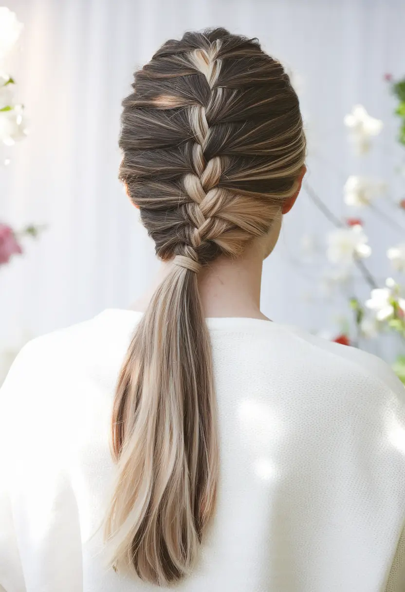 summer easy hairstyle for work 2025 Braided Low Pony with Peekaboo Blonde