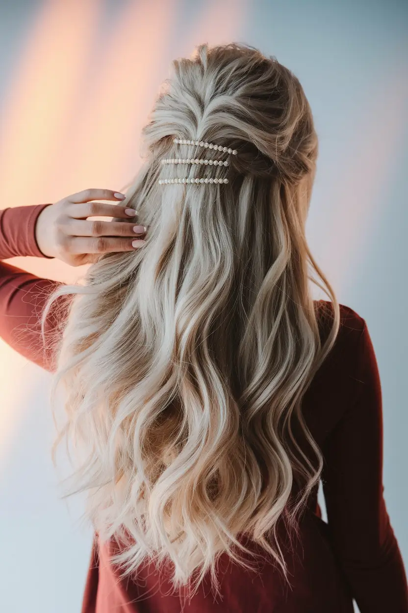 summer easy hairstyle for work 2025 Romantic Half-Up with Pearl Pins