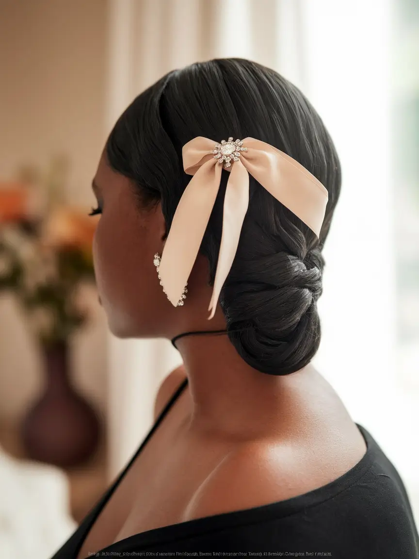 hairstyles black women ponytail Sculpted Low Bun with a Decorative Bow