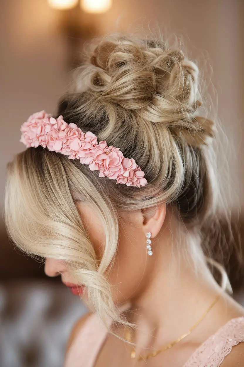 summer wedding hairstyles ideas 2025 romantic trends Whimsical Floral High Bun