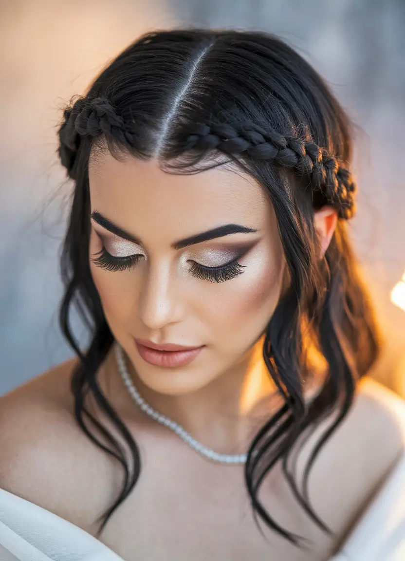 summer wedding hairstyles ideas 2025 romantic trends Boho Braided Crown with Loose Waves