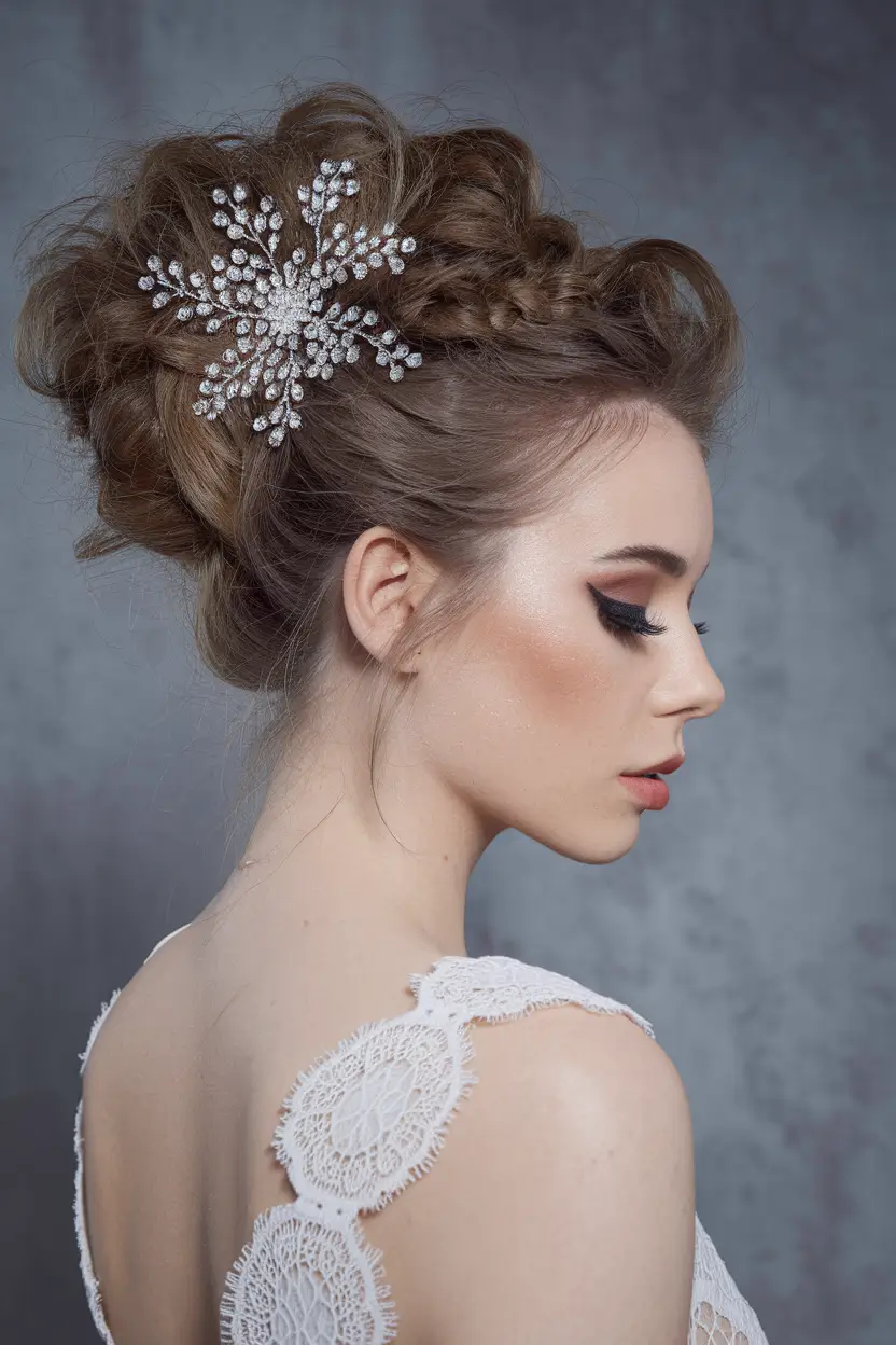 summer wedding hairstyles ideas 2025 romantic trends Messy Braided Updo with Jeweled Comb