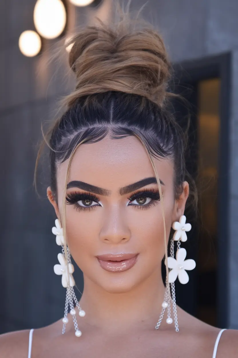summer wedding hairstyles ideas 2025 romantic trends Textured High Bun with Floral Earrings
