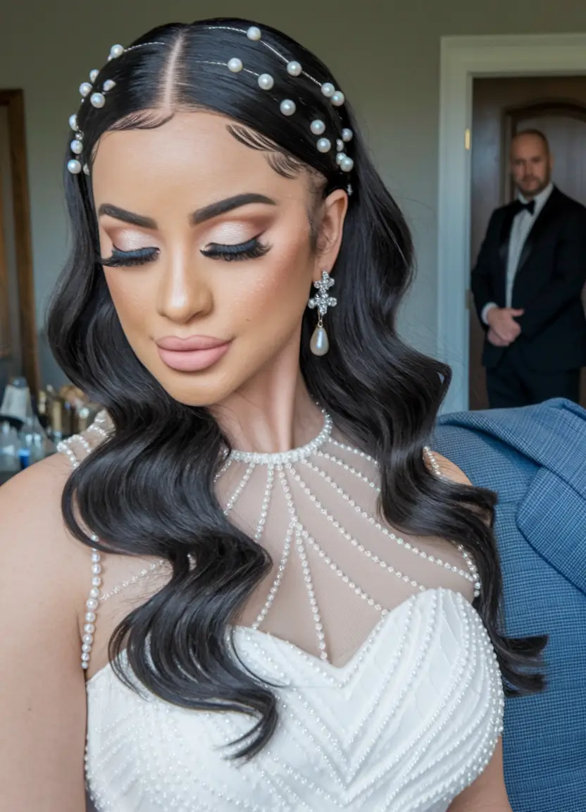 summer wedding hairstyles ideas 2025 romantic trends Pearl-Encrusted Loose Waves