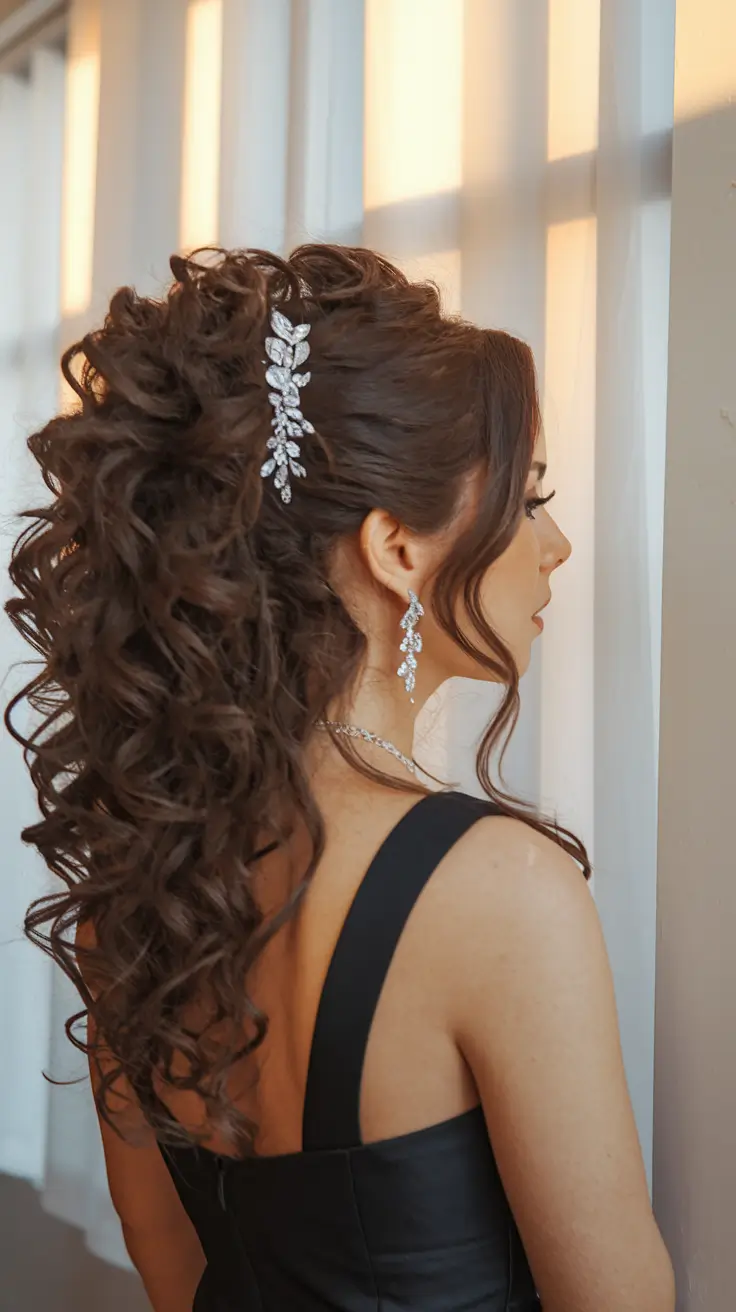 summer wedding hairstyles ideas 2025 romantic trends Curly Ponytail with Crystal Hairpin