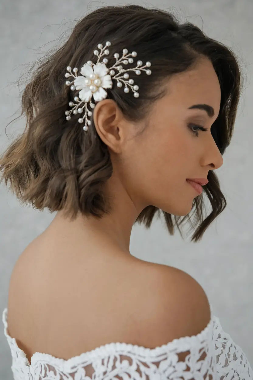 summer wedding hairstyles ideas 2025 romantic trends Short and Sweet with a Pearl Accent