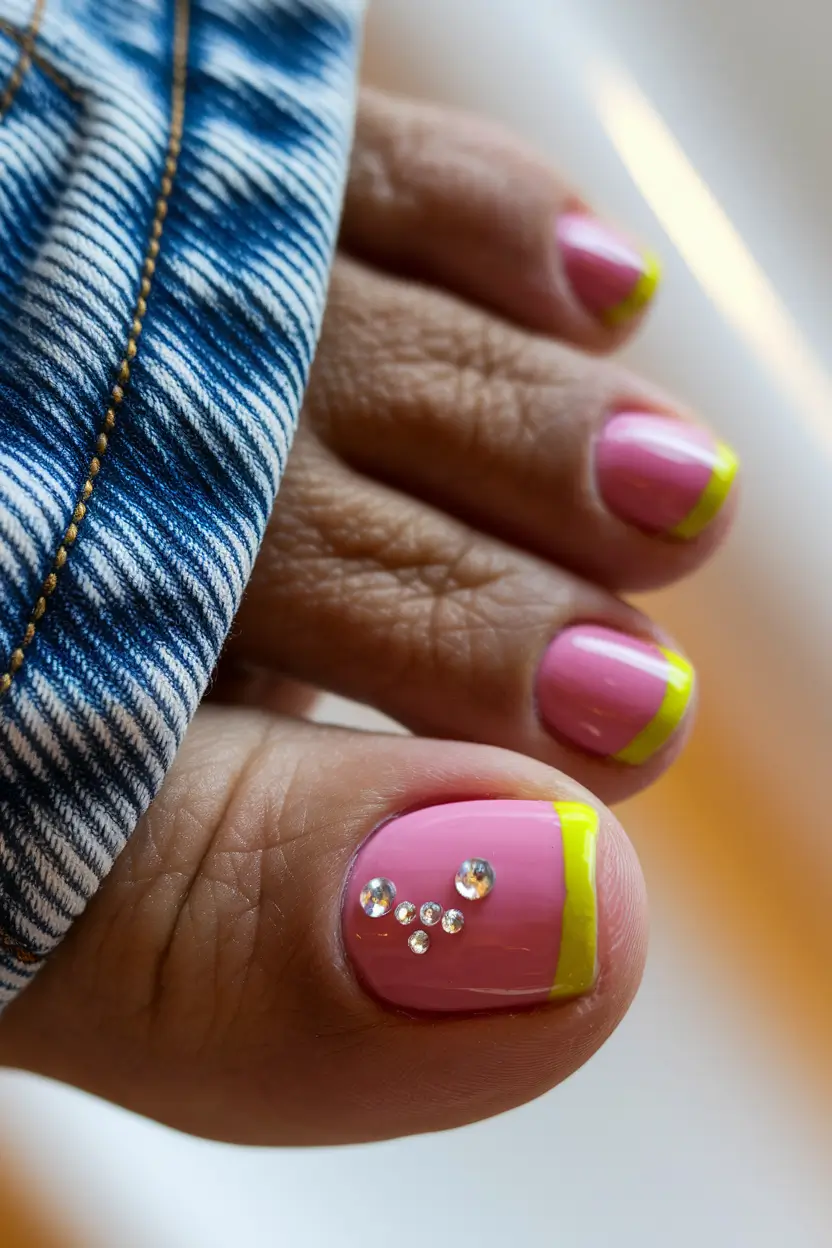 Toe Designs to Try in Summer 2025 Lemon French with Rhinestone Pop