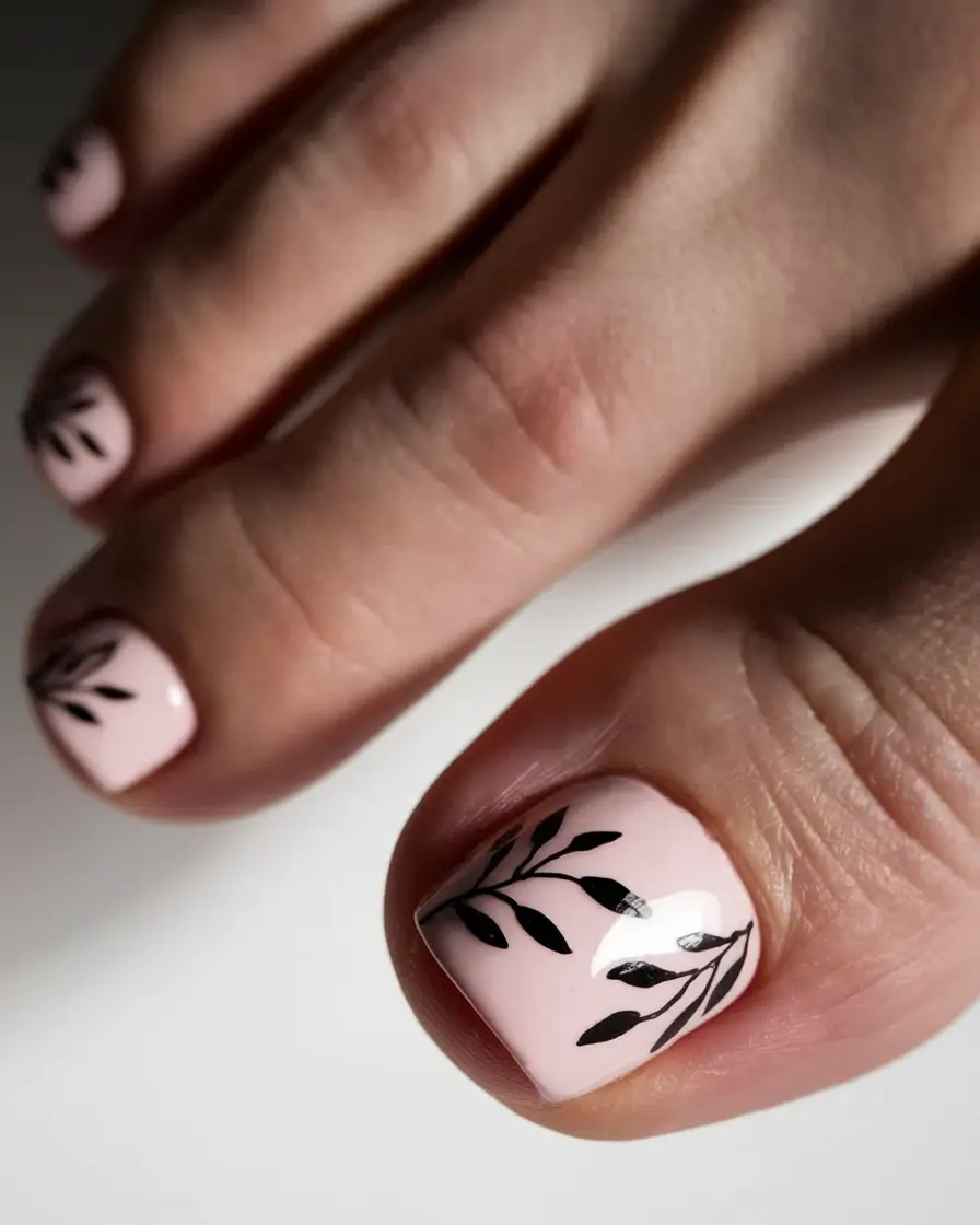 Toe Designs to Try in Summer 2025 Minimal Botanical Chic in Black on Nude