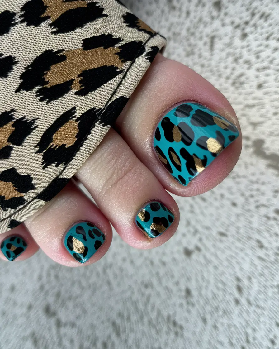 Toe Designs to Try in Summer 2025 Teal Leopard Print with Gold Glam