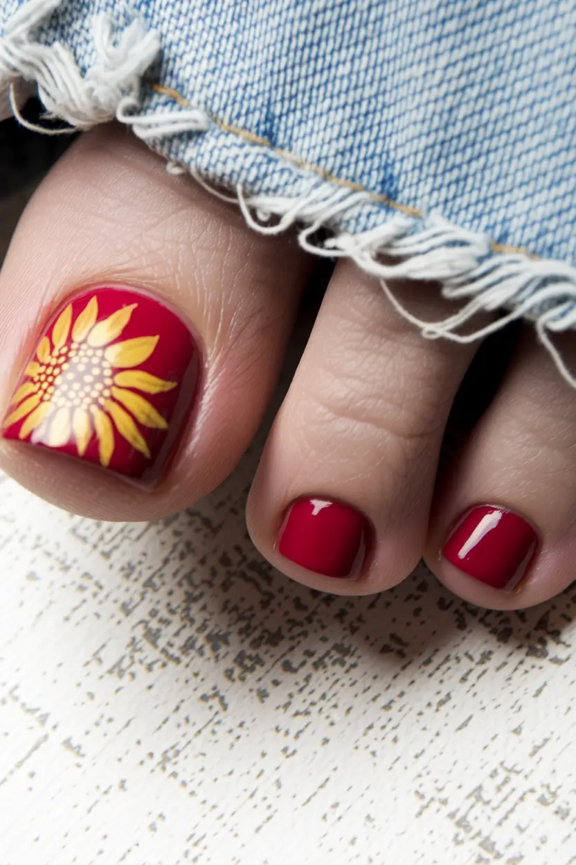 Toe Designs to Try in Summer 2025 Sunflower Pop on Red Gel Base