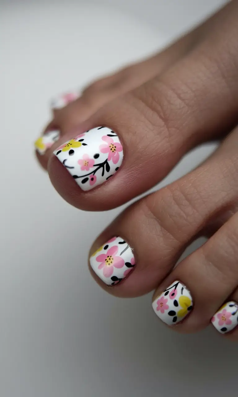 Toe Designs to Try in Summer 2025 White Floral Print with Pop-Art Charm