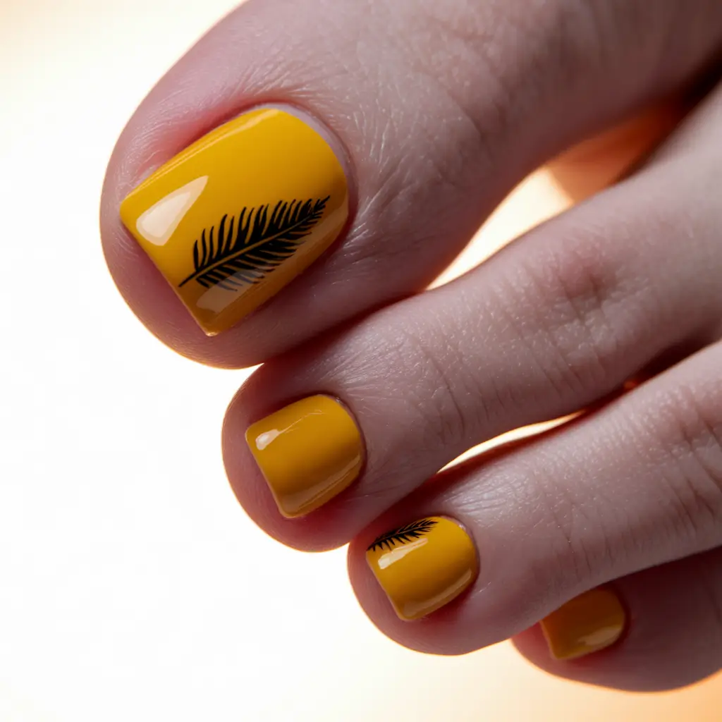 Toe Designs to Try in Summer 2025 Sunny Yellow with Tropical Leaf Detail