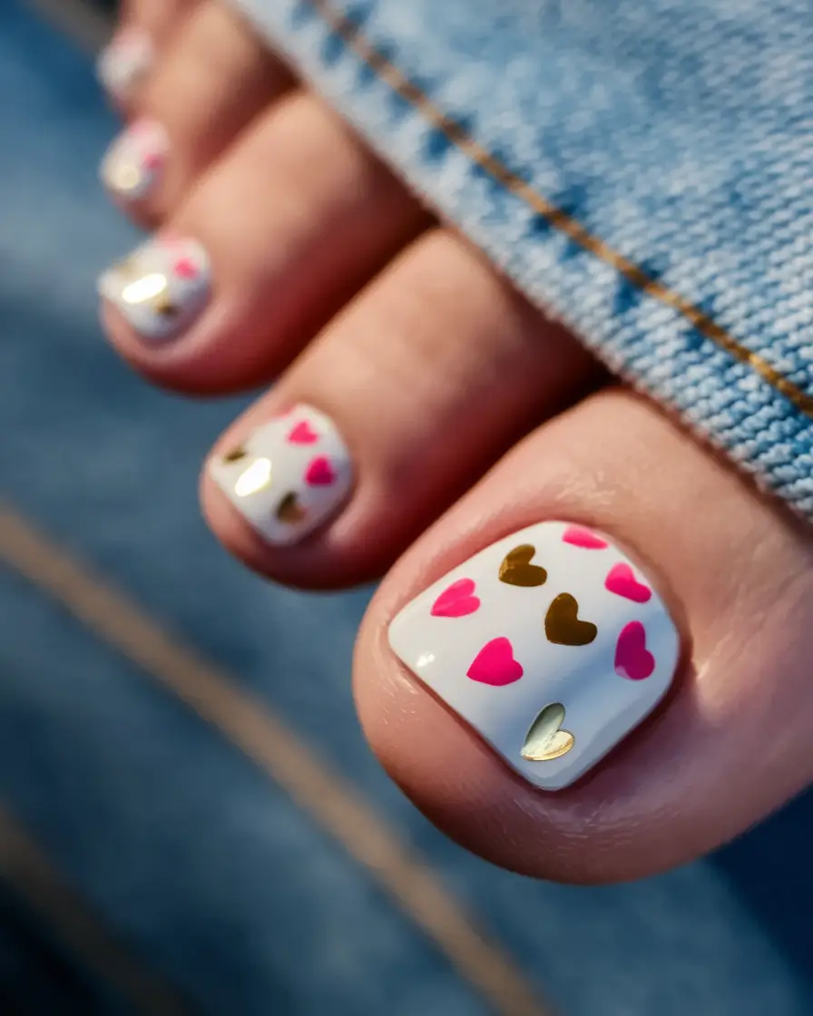 Toe Designs to Try in Summer 2025 Multicolor Hearts on White for the Romantics