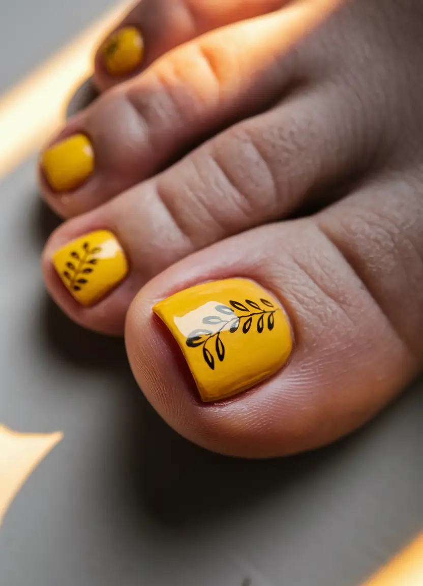 Toe Designs to Try in Summer 2025 Golden Yellow with Botanical Black Vines