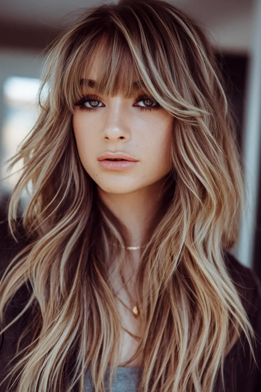 Trends 2025: Summer Highlights Ideas Honeycomb Brunette Layers with Curtain Bangs