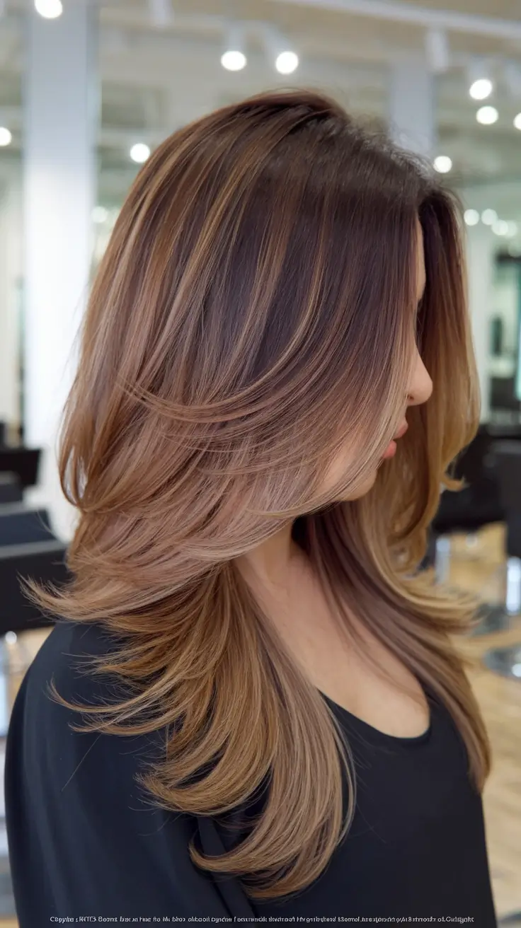 Trends 2025: Summer Highlights Ideas Feathered Caramel Layers with Mid-Length Sweep