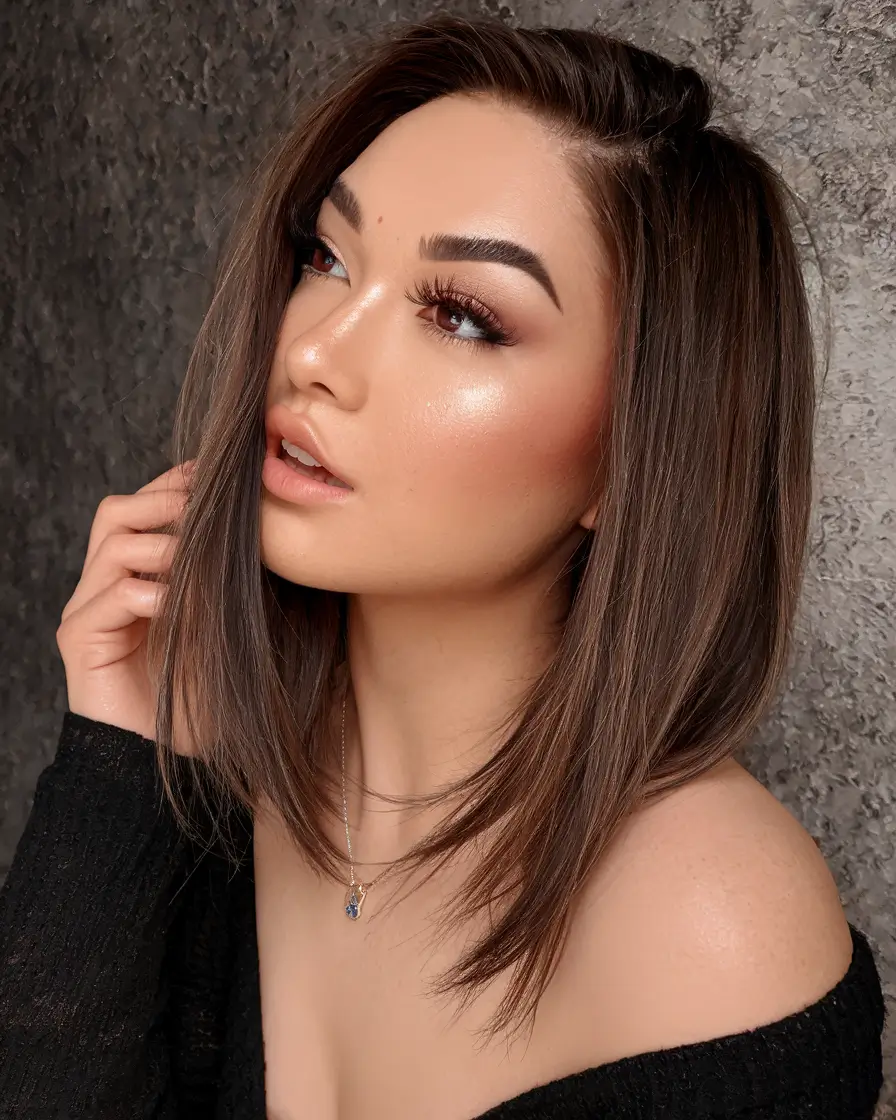 Trendy Medium Haircuts - Fresh Summer 2025 Looks Angled Lob with Cool Brunette Gloss