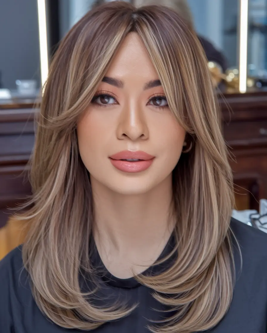 Trendy Medium Haircuts - Fresh Summer 2025 Looks Multi-Layered Blowout with Bangs and Ashy Blonde Tones