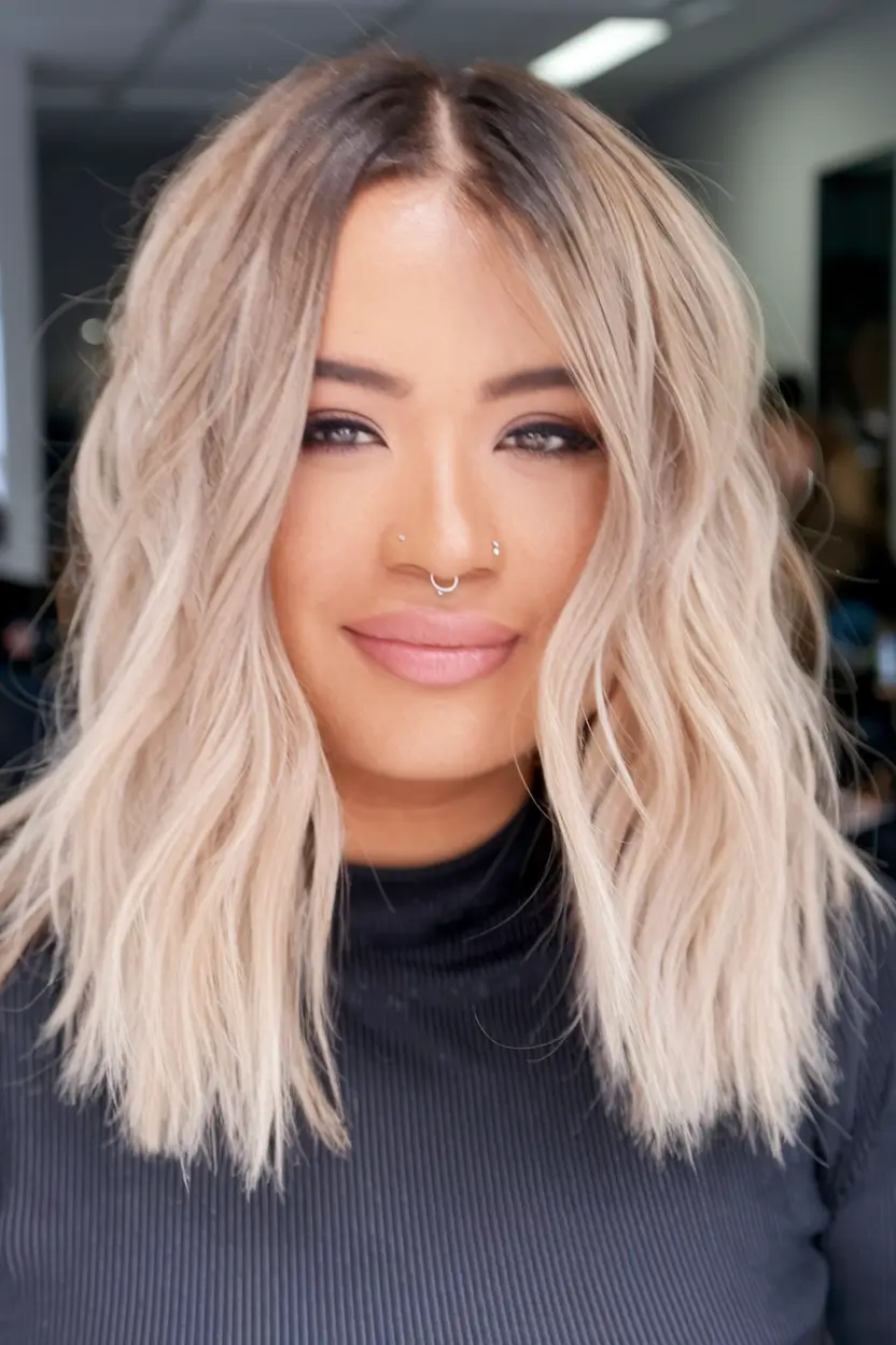 Trendy Medium Haircuts - Fresh Summer 2025 Looks Bleached Textured Lob with Root Shadow
