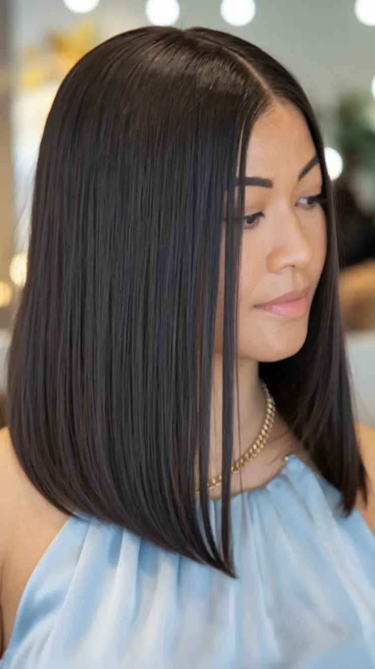 Trendy Medium Haircuts - Fresh Summer 2025 Looks Blunt Cut Lob with Glassy Black Finish