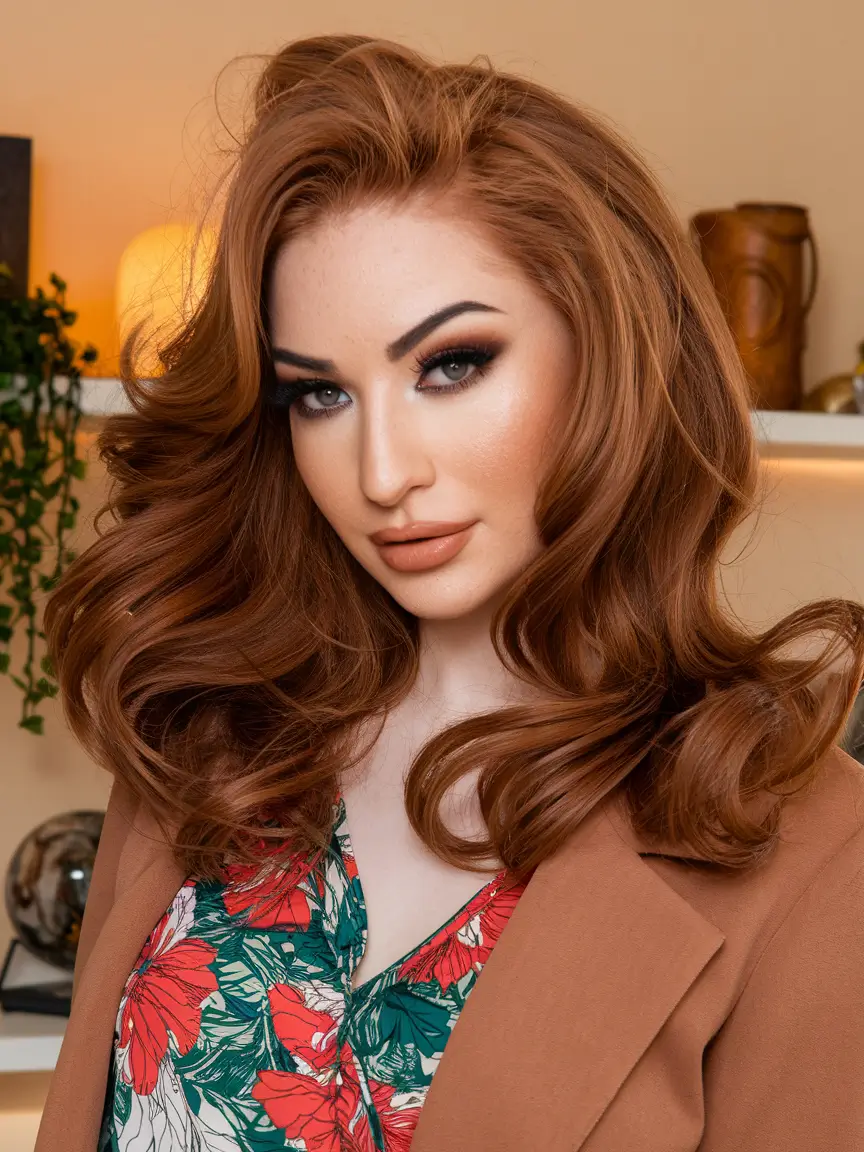 Trendy Medium Haircuts - Fresh Summer 2025 Looks Hollywood Waves with Rich Auburn Depth