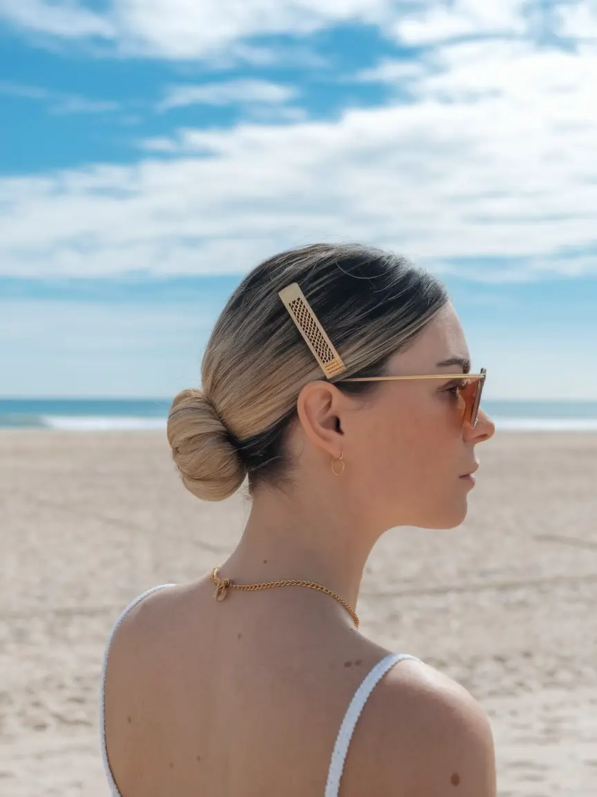 Vacation Hairstyles for Summer 2025: Chic Inspiration Low Beach Bun with Statement Clip