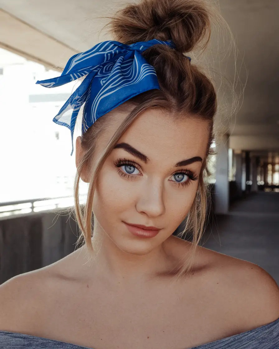 Vacation Hairstyles for Summer 2025: Chic Inspiration Messy Bun with a Bright Scarf