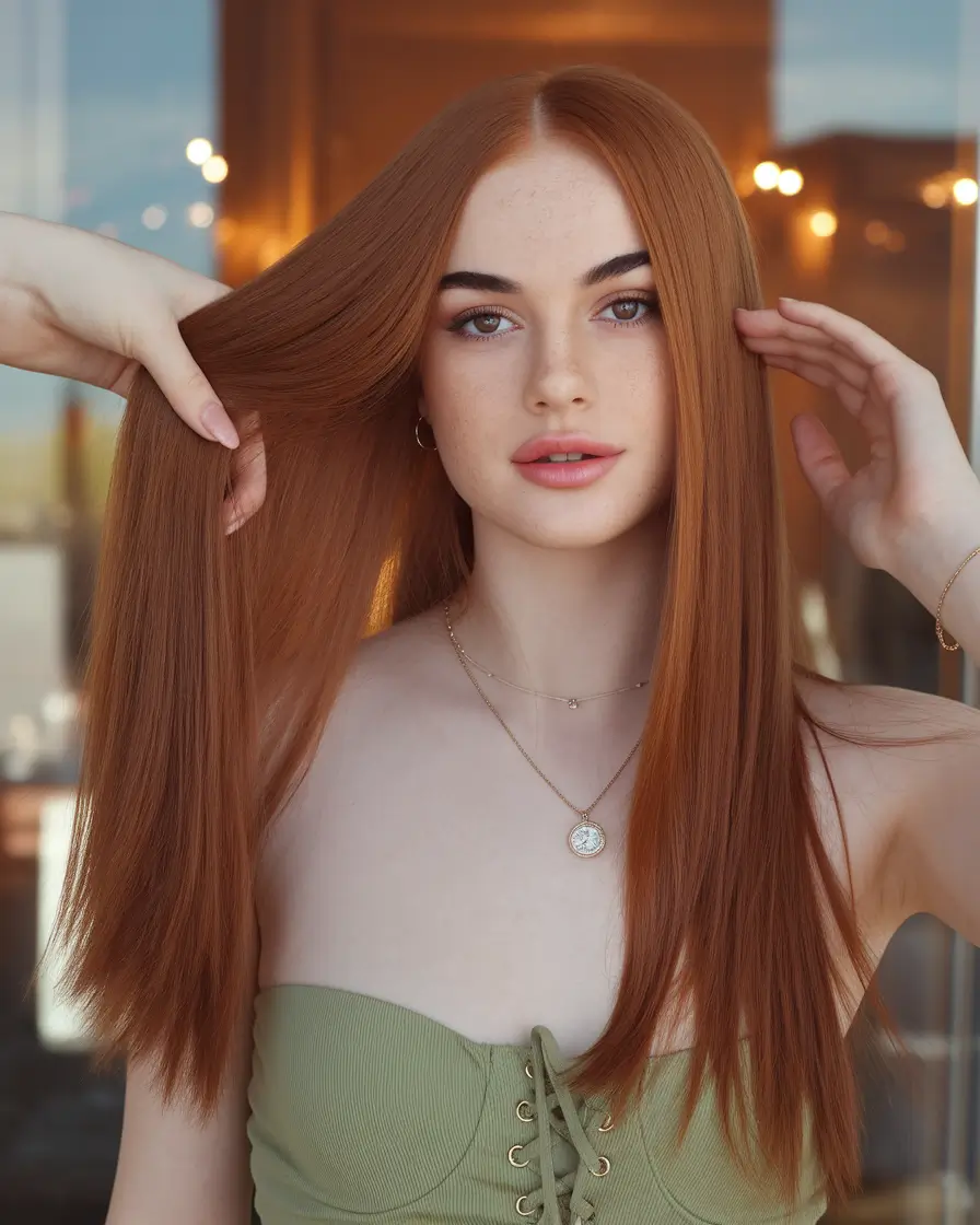 2025 August Hair Color Trends Sleek Cinnamon Straight with Center Part