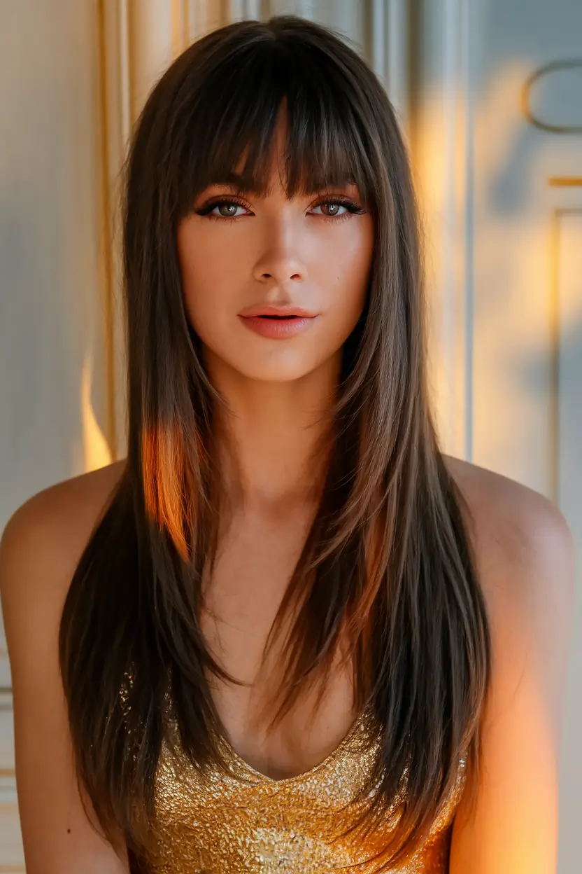 2025 August Hair Color Trends Toffee Brunette Layers with Baby Bangs