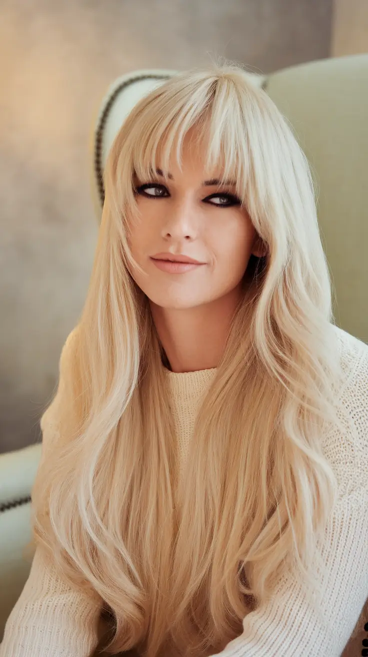august hair color ideas blonde Soft Vanilla Blonde with Feathered Curtain Bangs