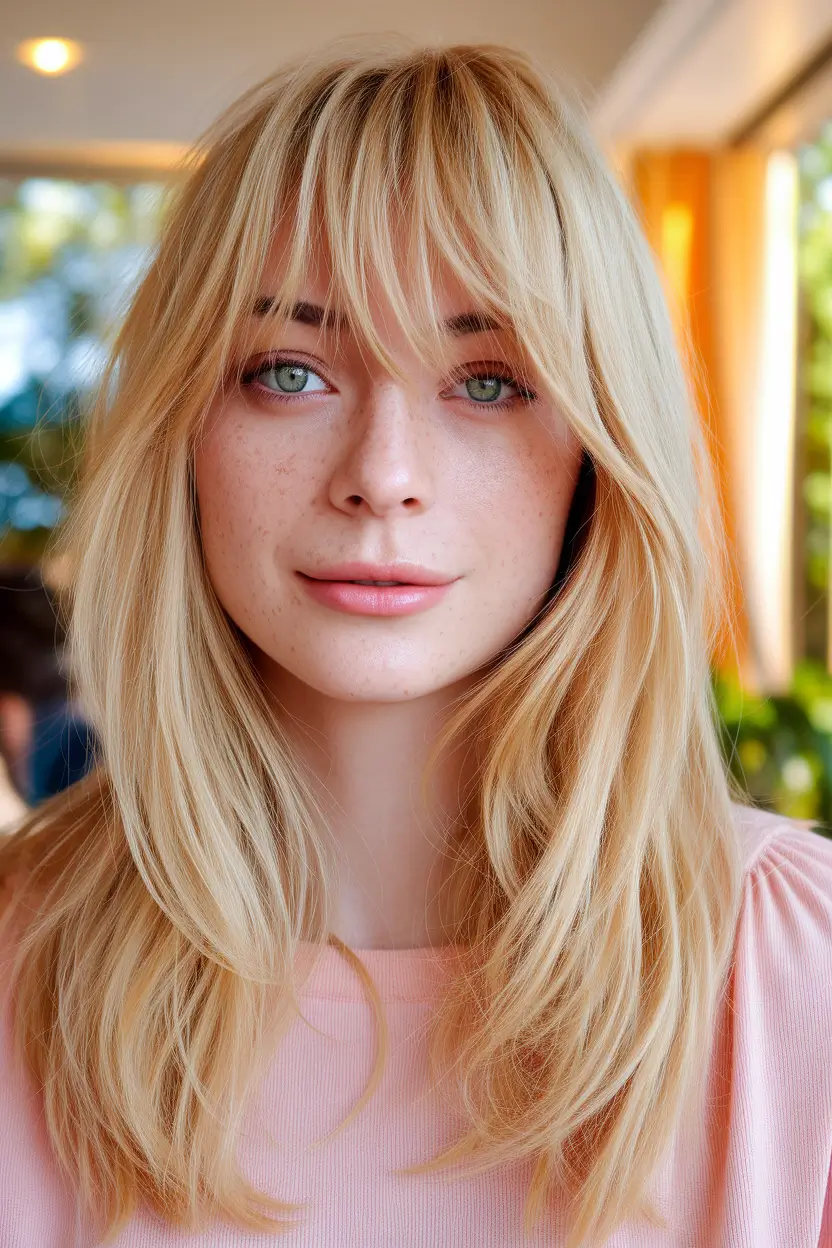 2025 August Hair Color Trends Sunlit Blonde Shag with Soft Fringe
