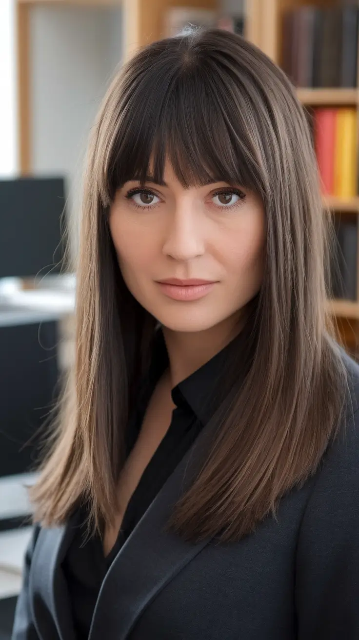 2025 August Hair Color Trends Espresso Brown with Gloss Finish and Power Bangs