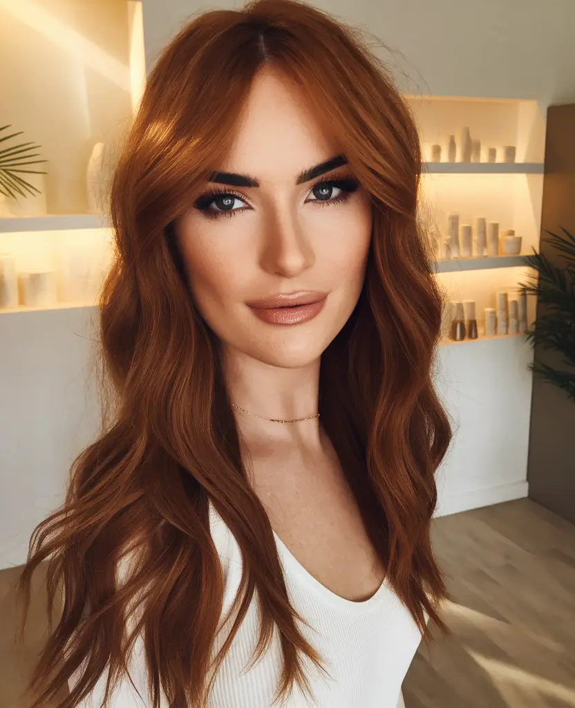 2025 August Hair Color Trends Amber Spice Waves with Middle Part