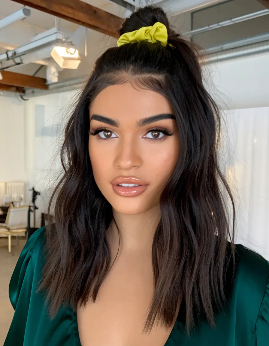 2025 August Hair Color Trends Glossy Mocha Waves with Half-Up Twist