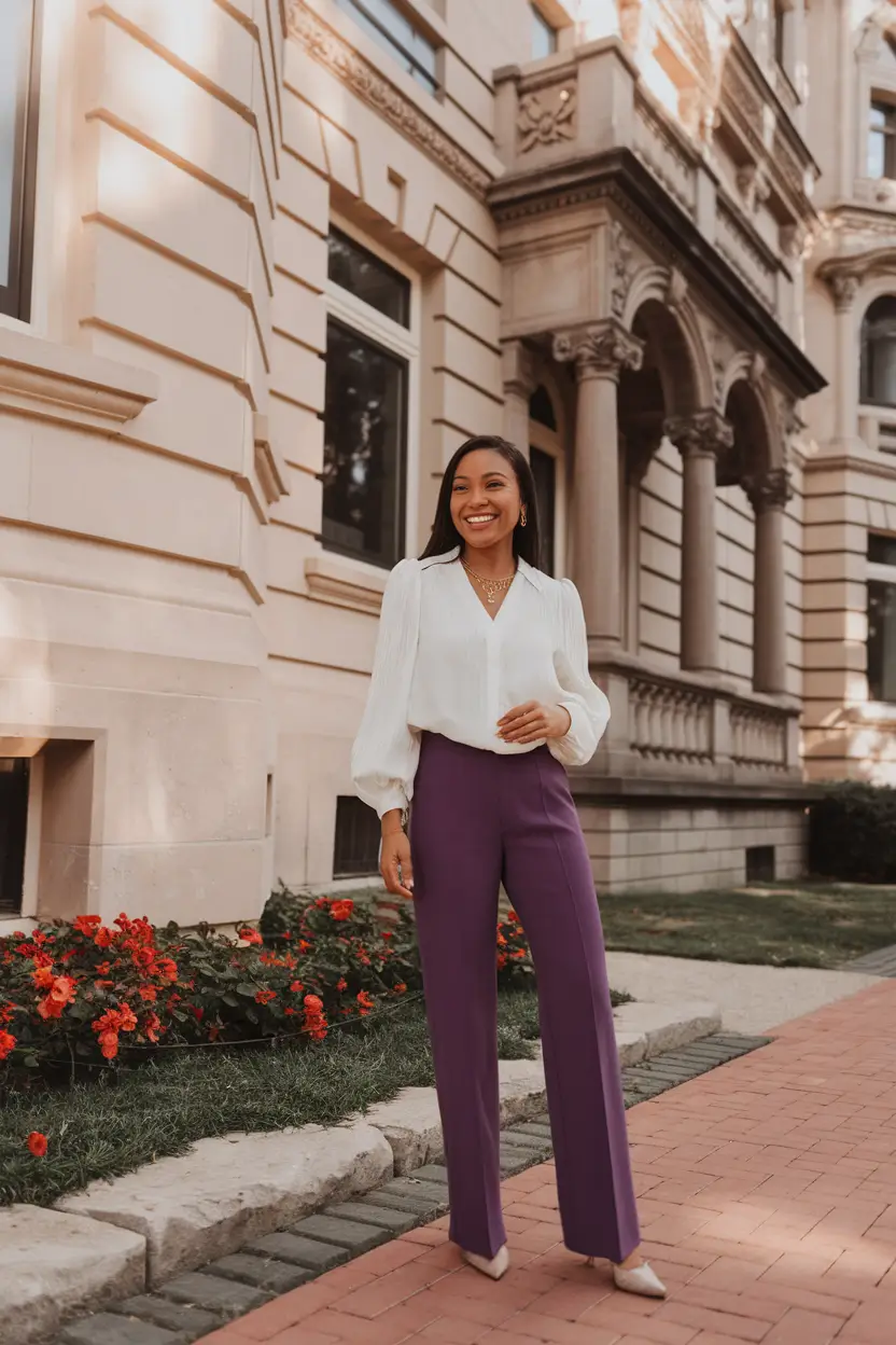 fall transition outfits women Purple Trousers and White Blouse Perfection