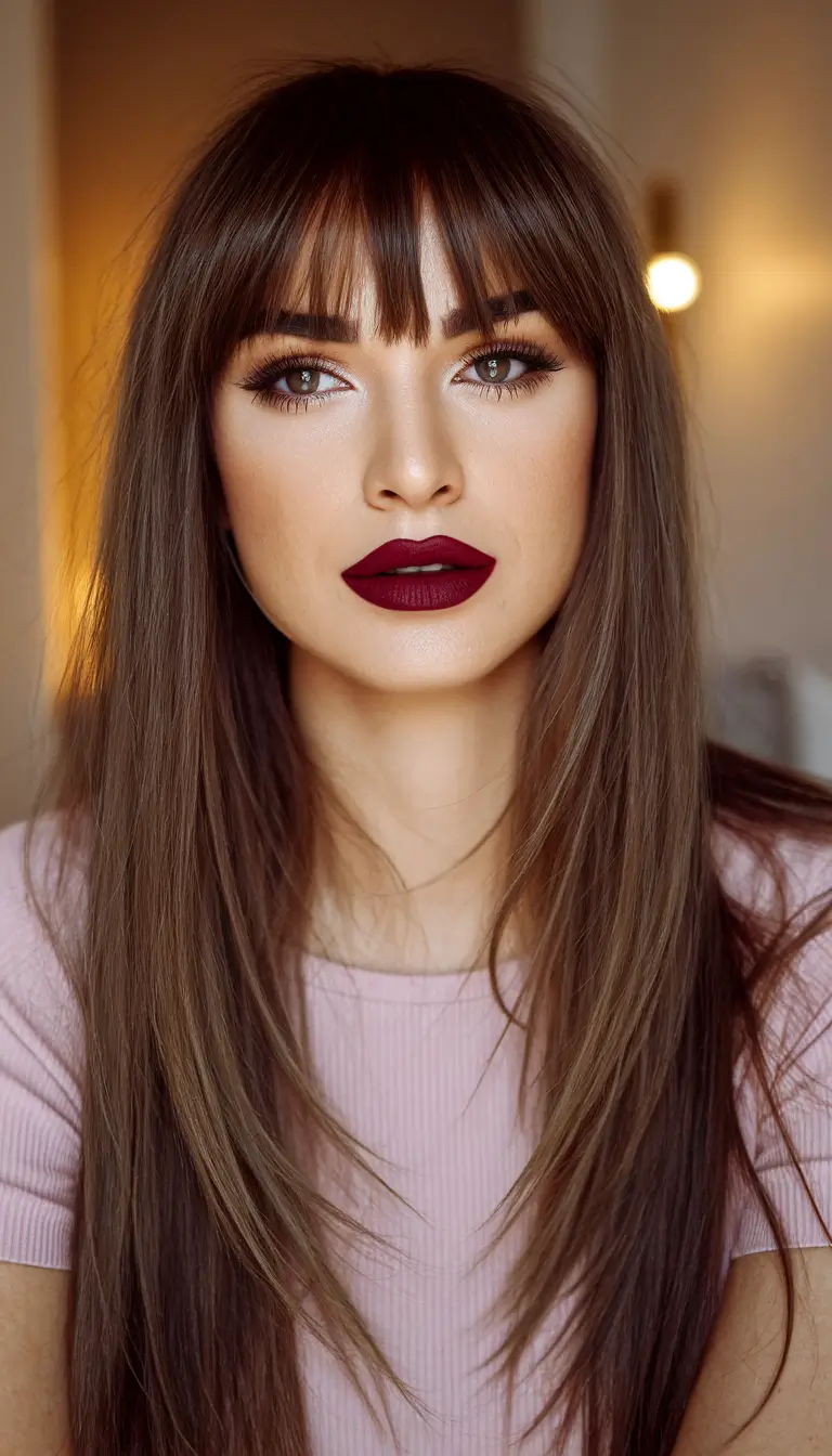 August Haircut Ideas 2025 Heavy Fringe with Layered Brunette Length