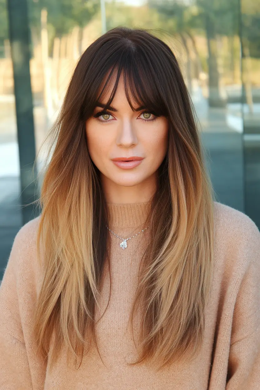 August Haircut Ideas 2025 Long Layers with Full Fringe