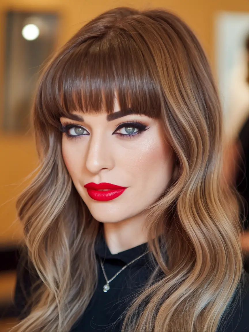 August Haircut Ideas 2025 Long Waves with Bold Blunt Bangs