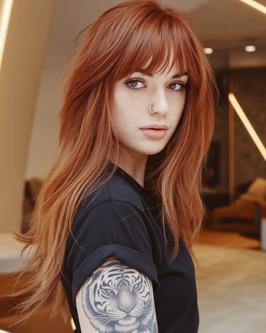 August Haircut Ideas 2025 Shag-Inspired Layers with Fiery Copper Bangs