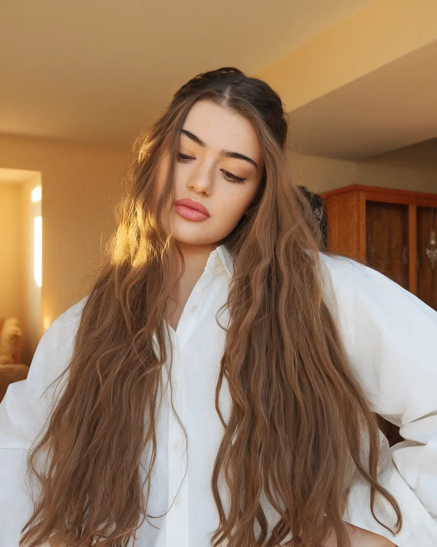 August Haircut Ideas 2025 Boho-Length Waves with Half-Up Styling