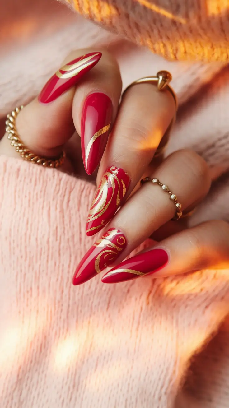 Almond Nails Made for Summer 2025 Scarlet Swirls with Gold Foil