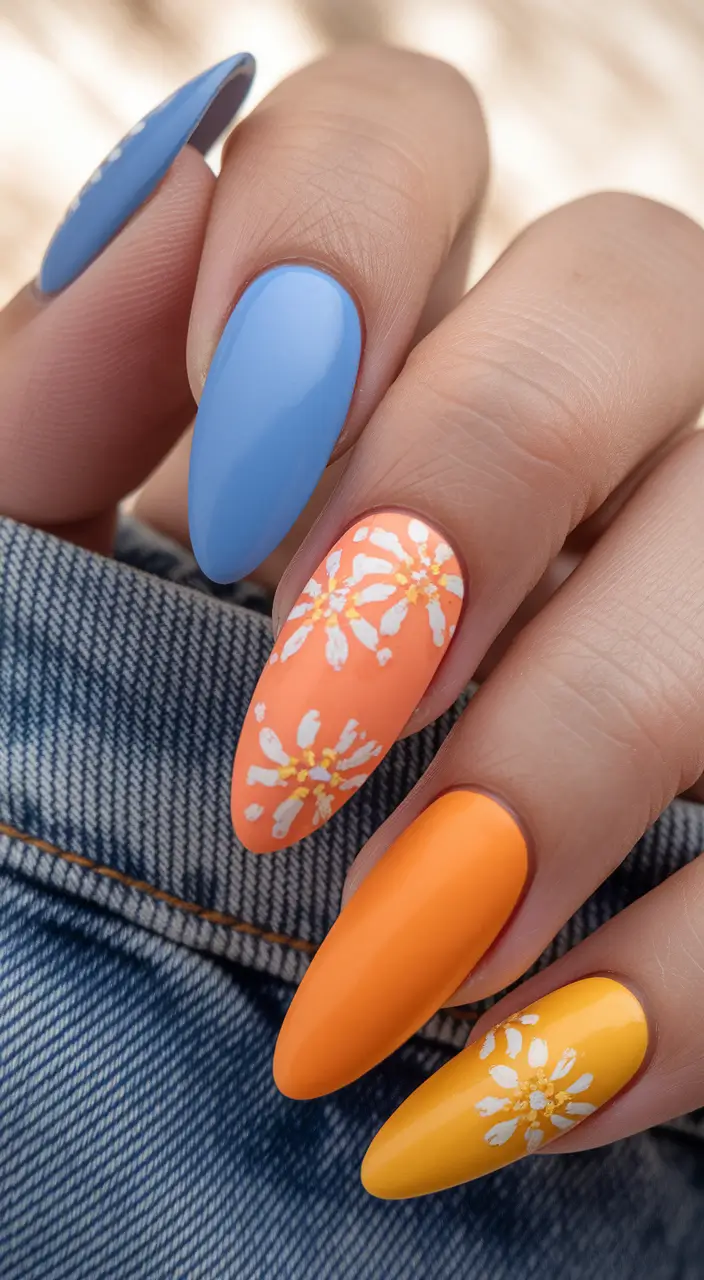 Almond Nails Made for Summer 2025 Citrus Blooms on a Denim Day