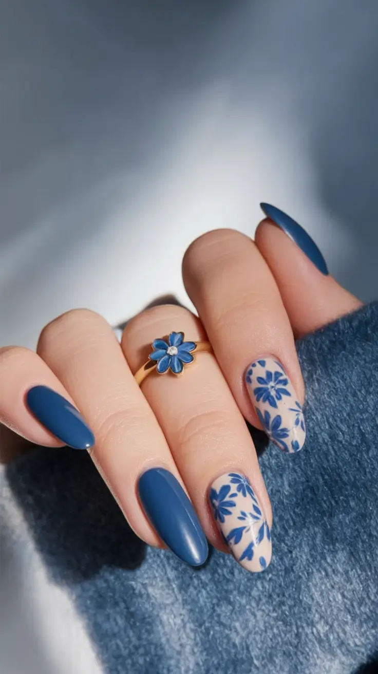 Almond Nails Made for Summer 2025 Indigo Garden with Delft Details