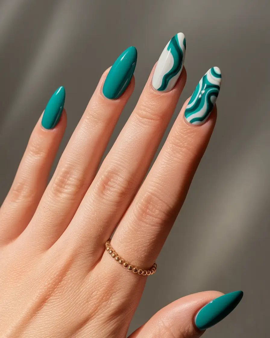 Almond Nails Made for Summer 2025 Teal Wave Art